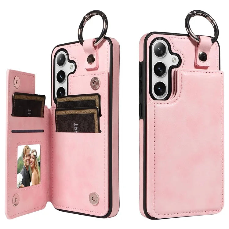 003 For Samsung Galaxy S24 Case Card Holder Leather Litchi Texture Phone Cover Ring Buckle