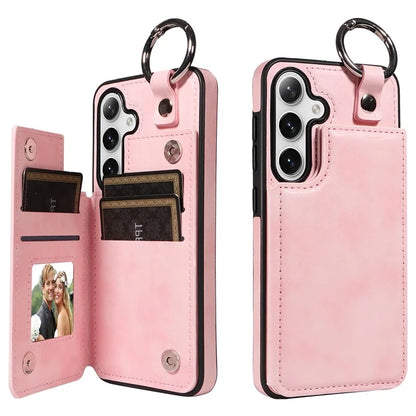 003 For Samsung Galaxy S24 Case Card Holder Leather Litchi Texture Phone Cover Ring Buckle