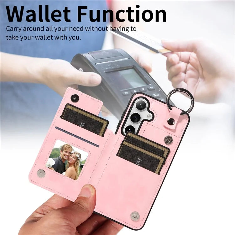 003 For Samsung Galaxy S24 Case Card Holder Leather Litchi Texture Phone Cover Ring Buckle