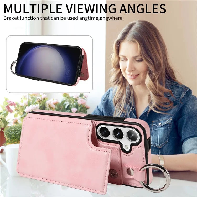 003 For Samsung Galaxy S24 Case Card Holder Leather Litchi Texture Phone Cover Ring Buckle