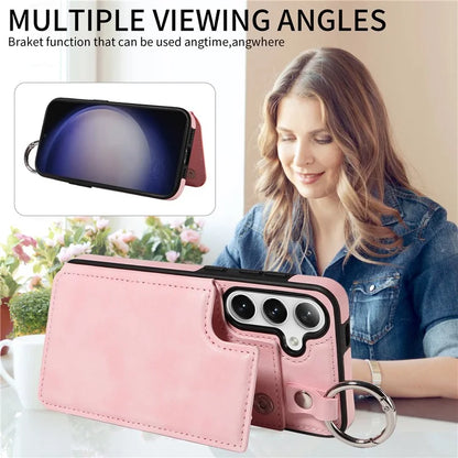 003 For Samsung Galaxy S24 Case Card Holder Leather Litchi Texture Phone Cover Ring Buckle