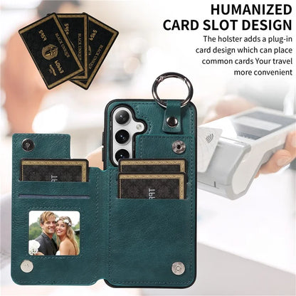 003 For Samsung Galaxy S24 Case Card Holder Leather Litchi Texture Phone Cover Ring Buckle
