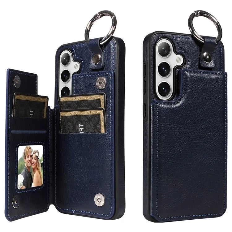 003 For Samsung Galaxy S24 Case Card Holder Leather Litchi Texture Phone Cover Ring Buckle