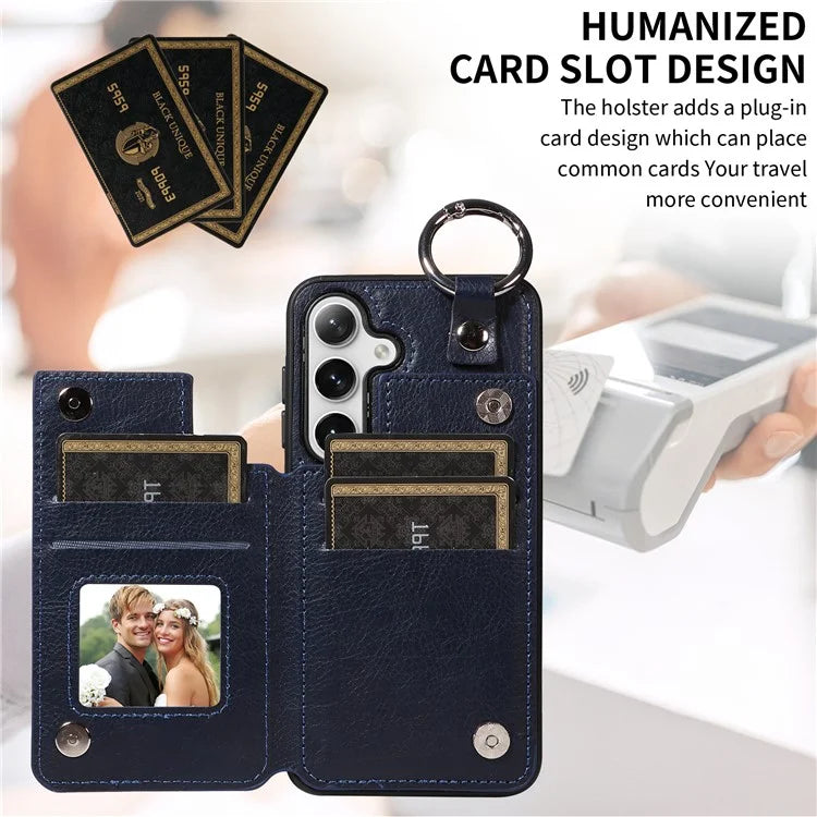 003 For Samsung Galaxy S24 Case Card Holder Leather Litchi Texture Phone Cover Ring Buckle