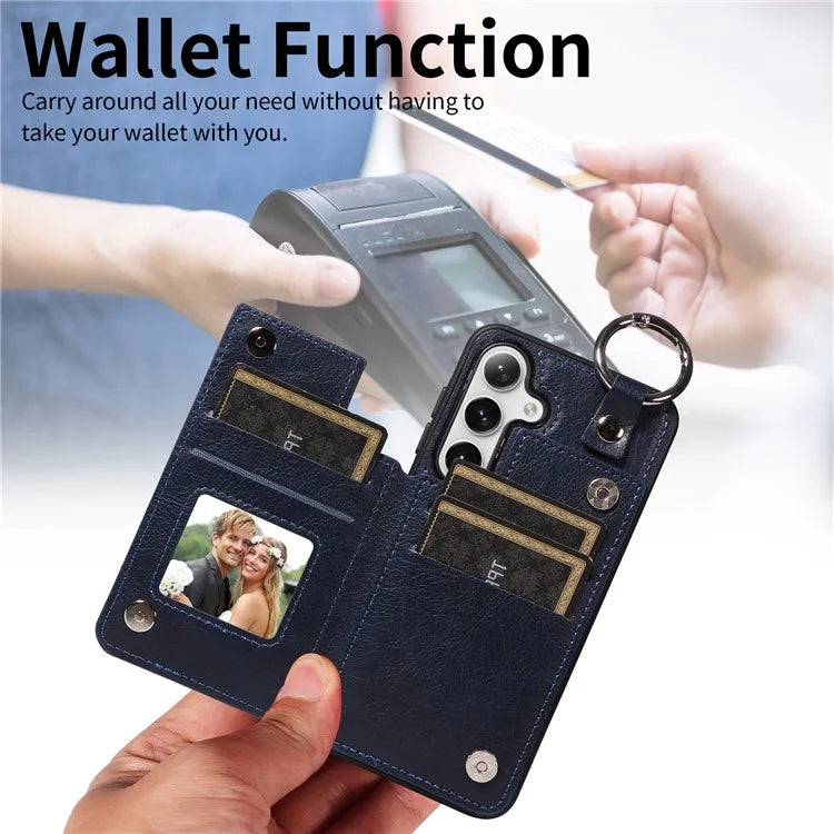 003 For Samsung Galaxy S24 Case Card Holder Leather Litchi Texture Phone Cover Ring Buckle