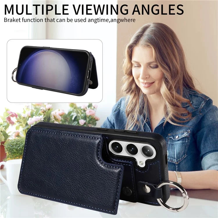 003 For Samsung Galaxy S24 Case Card Holder Leather Litchi Texture Phone Cover Ring Buckle