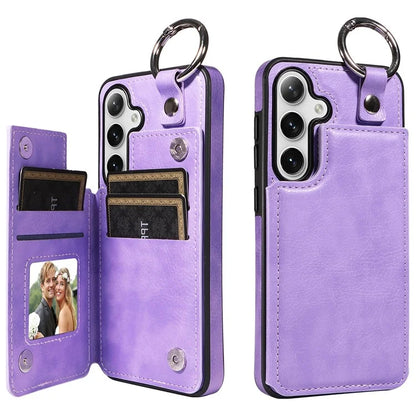 003 For Samsung Galaxy S24 Case Card Holder Leather Litchi Texture Phone Cover Ring Buckle