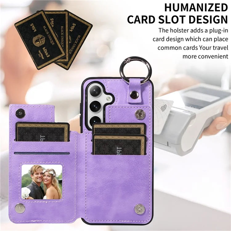 003 For Samsung Galaxy S24 Case Card Holder Leather Litchi Texture Phone Cover Ring Buckle