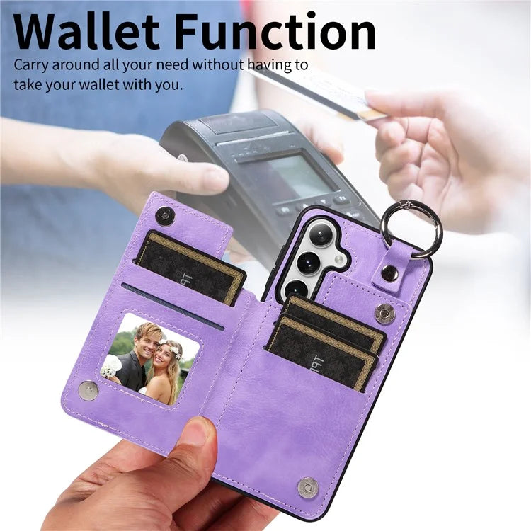 003 For Samsung Galaxy S24 Case Card Holder Leather Litchi Texture Phone Cover Ring Buckle