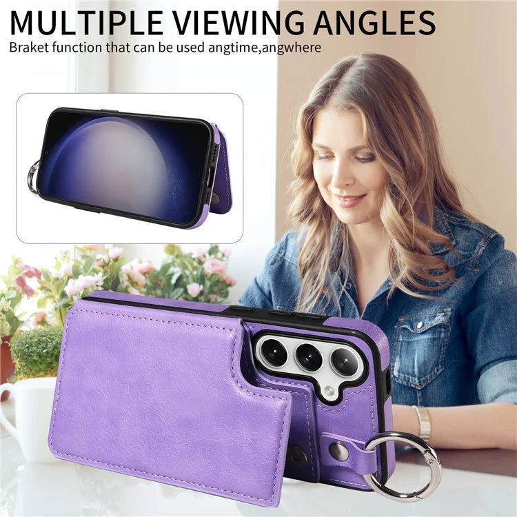 003 For Samsung Galaxy S24 Case Card Holder Leather Litchi Texture Phone Cover Ring Buckle