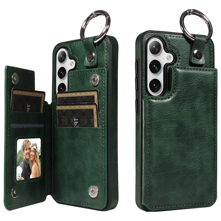 003 For Samsung Galaxy S24 Case Card Holder Leather Litchi Texture Phone Cover Ring Buckle