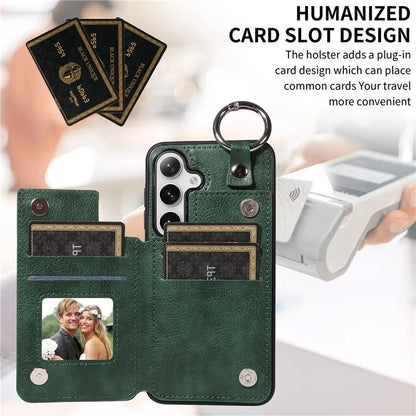 003 For Samsung Galaxy S24 Case Card Holder Leather Litchi Texture Phone Cover Ring Buckle