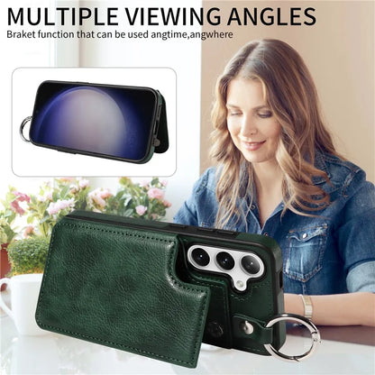 003 For Samsung Galaxy S24 Case Card Holder Leather Litchi Texture Phone Cover Ring Buckle