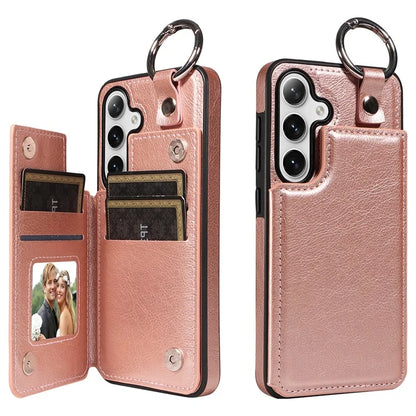 003 For Samsung Galaxy S24 Case Card Holder Leather Litchi Texture Phone Cover Ring Buckle