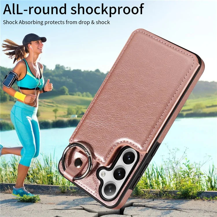 003 For Samsung Galaxy S24 Case Card Holder Leather Litchi Texture Phone Cover Ring Buckle