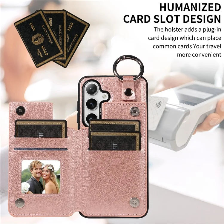 003 For Samsung Galaxy S24 Case Card Holder Leather Litchi Texture Phone Cover Ring Buckle