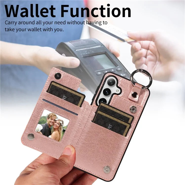 003 For Samsung Galaxy S24 Case Card Holder Leather Litchi Texture Phone Cover Ring Buckle