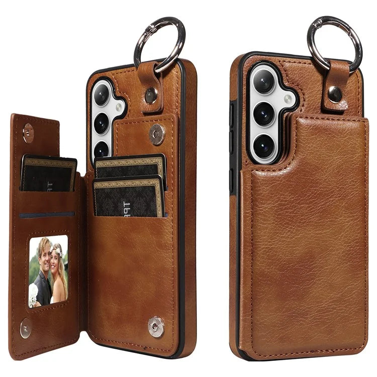 003 For Samsung Galaxy S24 Case Card Holder Leather Litchi Texture Phone Cover Ring Buckle