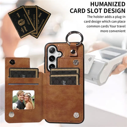 003 For Samsung Galaxy S24 Case Card Holder Leather Litchi Texture Phone Cover Ring Buckle
