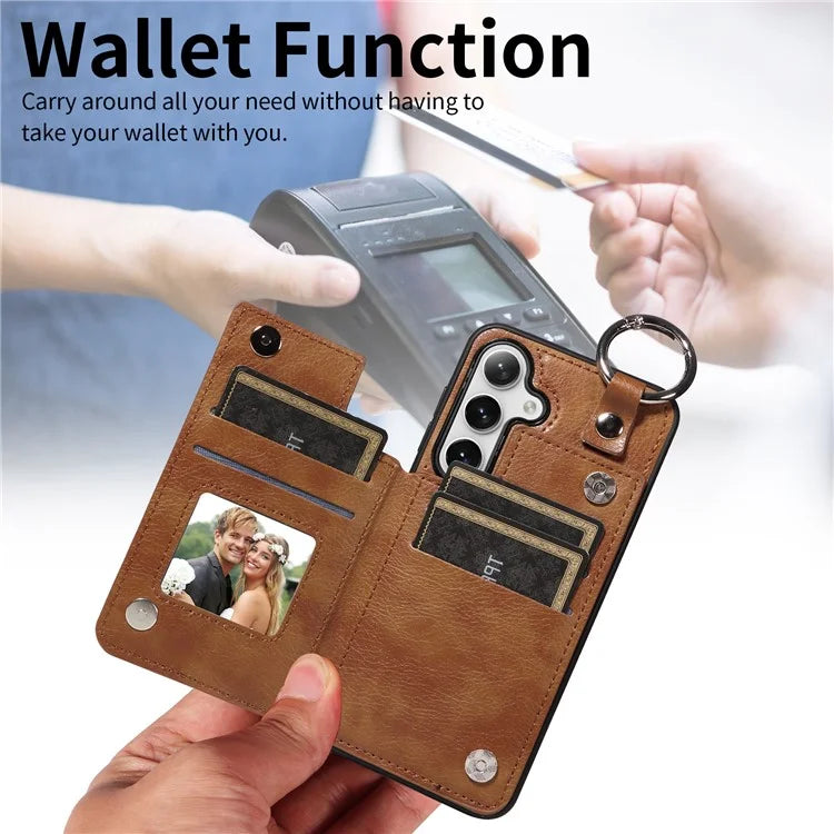 003 For Samsung Galaxy S24 Case Card Holder Leather Litchi Texture Phone Cover Ring Buckle