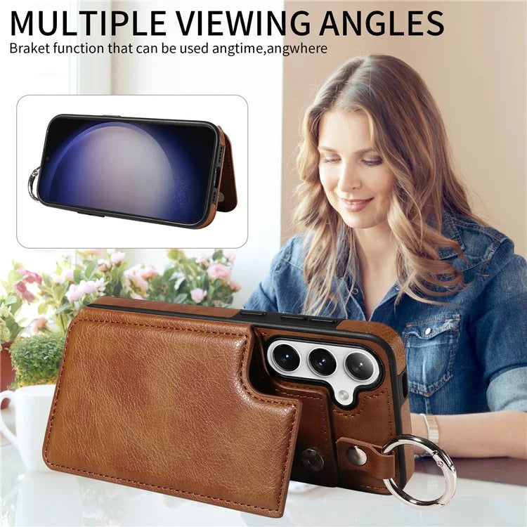 003 For Samsung Galaxy S24 Case Card Holder Leather Litchi Texture Phone Cover Ring Buckle