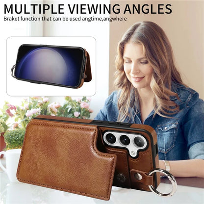 003 For Samsung Galaxy S24 Case Card Holder Leather Litchi Texture Phone Cover Ring Buckle