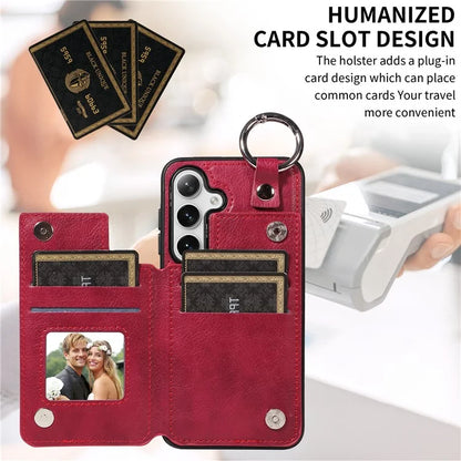 003 For Samsung Galaxy S24 Case Card Holder Leather Litchi Texture Phone Cover Ring Buckle