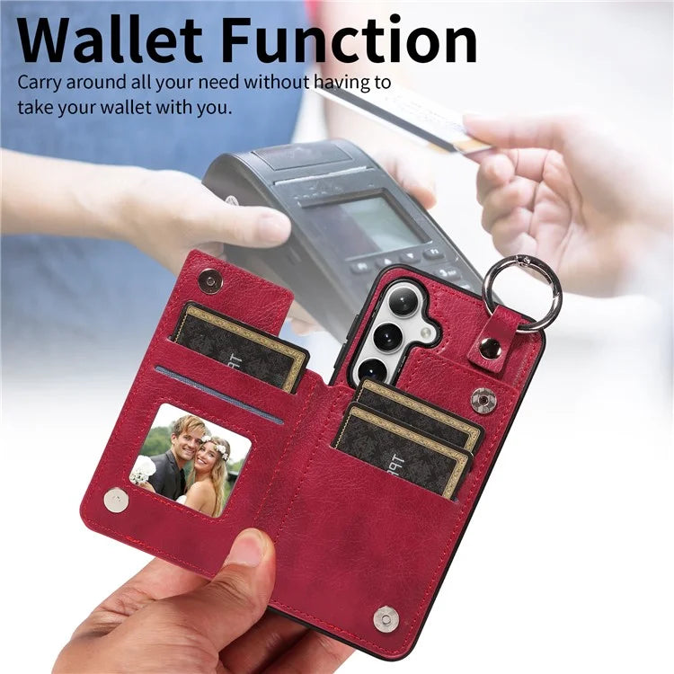 003 For Samsung Galaxy S24 Case Card Holder Leather Litchi Texture Phone Cover Ring Buckle