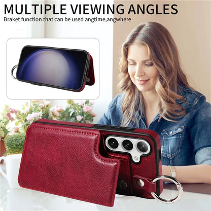 003 For Samsung Galaxy S24 Case Card Holder Leather Litchi Texture Phone Cover Ring Buckle