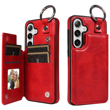 003 For Samsung Galaxy S24 Case Card Holder Leather Litchi Texture Phone Cover Ring Buckle