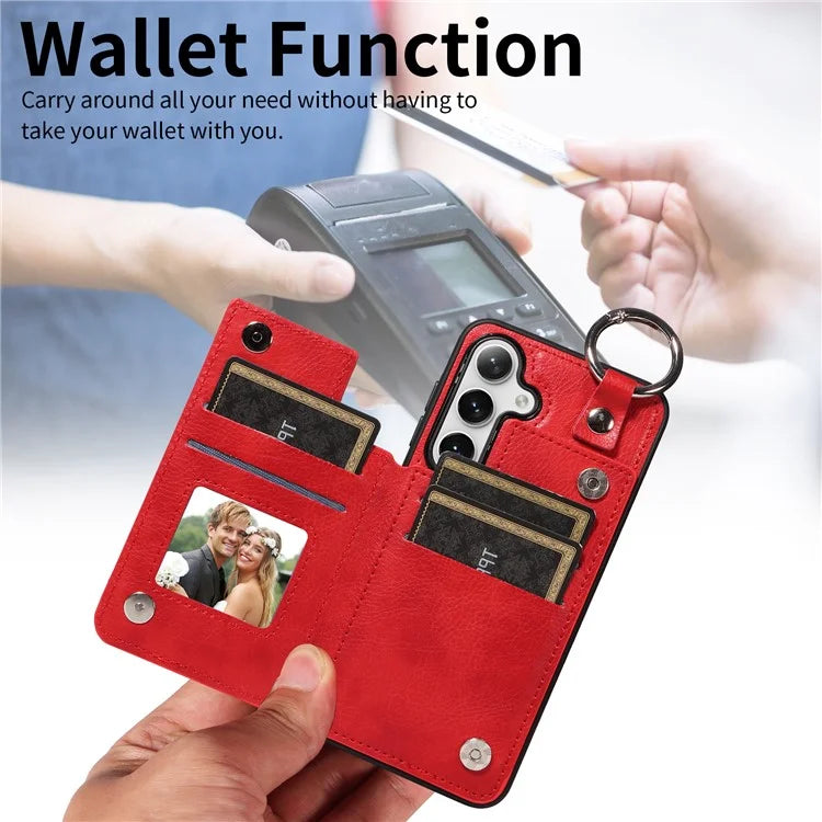 003 For Samsung Galaxy S24 Case Card Holder Leather Litchi Texture Phone Cover Ring Buckle