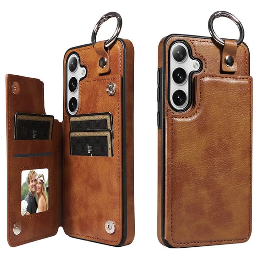 003 For Samsung Galaxy S24+ Case Multiple Card Slots Leather Phone Cover Finger Grip Ring
