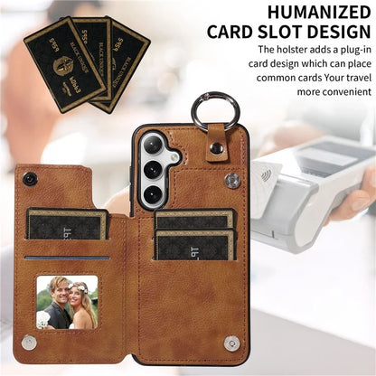 003 For Samsung Galaxy S24+ Case Multiple Card Slots Leather Phone Cover Finger Grip Ring