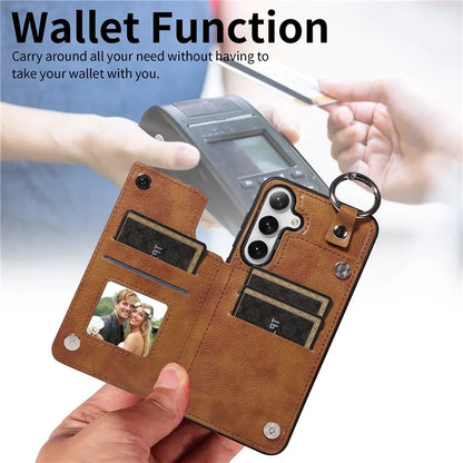 003 For Samsung Galaxy S24+ Case Multiple Card Slots Leather Phone Cover Finger Grip Ring