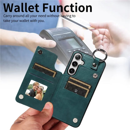 003 For Samsung Galaxy S24+ Case Multiple Card Slots Leather Phone Cover Finger Grip Ring