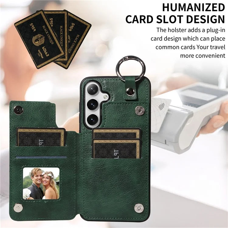003 For Samsung Galaxy S24+ Case Multiple Card Slots Leather Phone Cover Finger Grip Ring