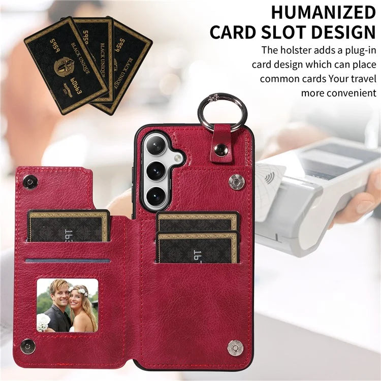003 For Samsung Galaxy S24+ Case Multiple Card Slots Leather Phone Cover Finger Grip Ring