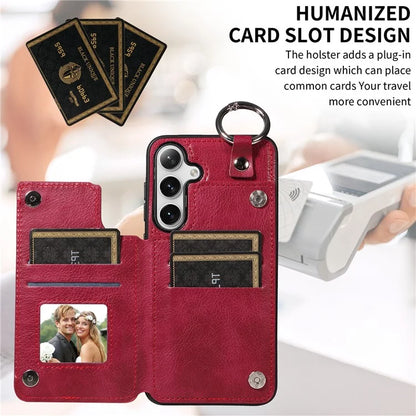 003 For Samsung Galaxy S24+ Case Multiple Card Slots Leather Phone Cover Finger Grip Ring