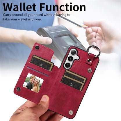 003 For Samsung Galaxy S24+ Case Multiple Card Slots Leather Phone Cover Finger Grip Ring