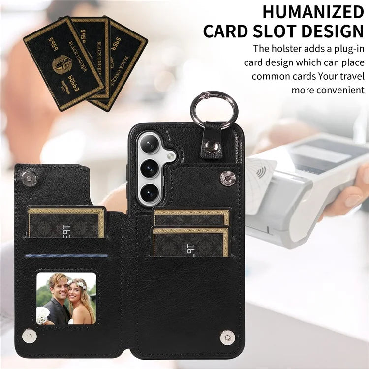003 For Samsung Galaxy S24+ Case Multiple Card Slots Leather Phone Cover Finger Grip Ring