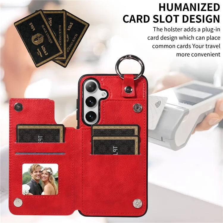 003 For Samsung Galaxy S24+ Case Multiple Card Slots Leather Phone Cover Finger Grip Ring