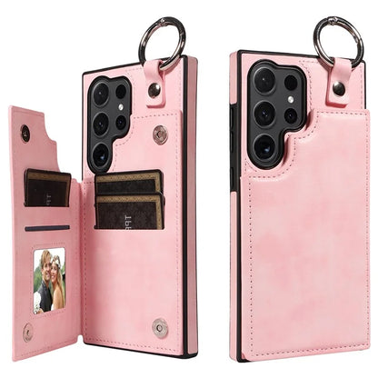 003 For Samsung Galaxy S24 Ultra Case Card Slots Leather Phone Cover Double Magnetic Clasp, Ring Buckle