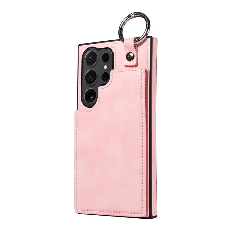 003 For Samsung Galaxy S24 Ultra Case Card Slots Leather Phone Cover Double Magnetic Clasp, Ring Buckle