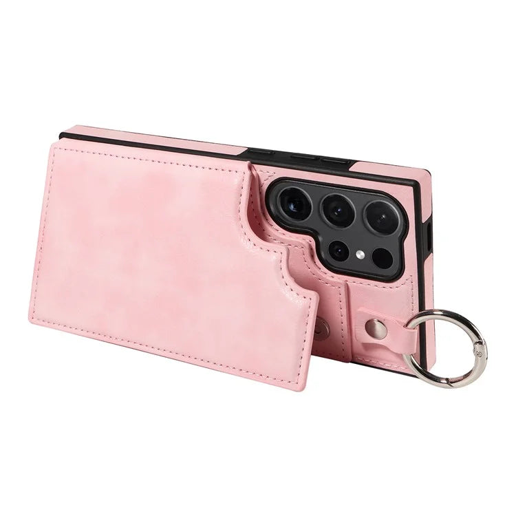 003 For Samsung Galaxy S24 Ultra Case Card Slots Leather Phone Cover Double Magnetic Clasp, Ring Buckle