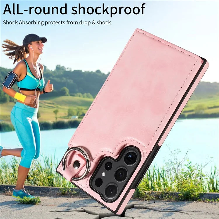 003 For Samsung Galaxy S24 Ultra Case Card Slots Leather Phone Cover Double Magnetic Clasp, Ring Buckle
