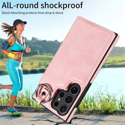 003 For Samsung Galaxy S24 Ultra Case Card Slots Leather Phone Cover Double Magnetic Clasp, Ring Buckle