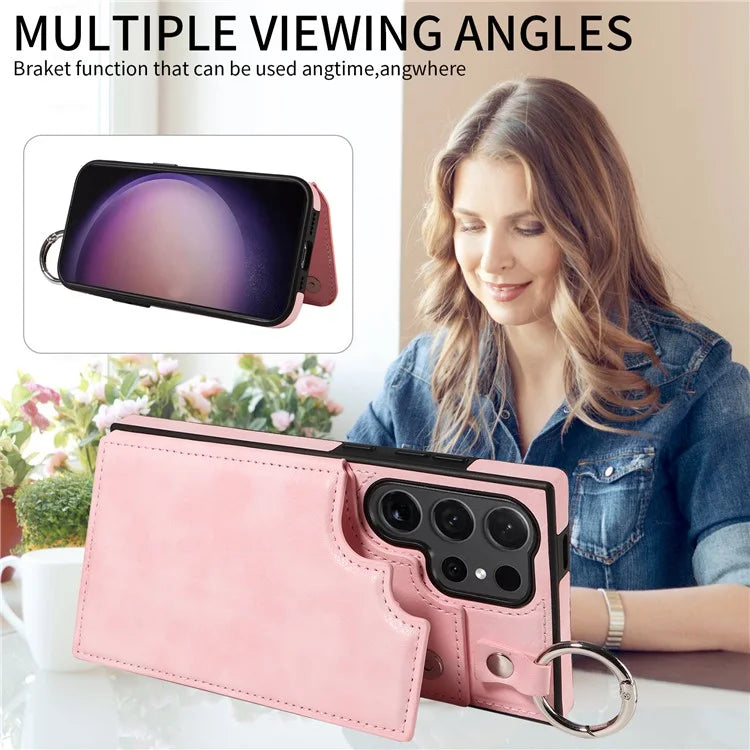 003 For Samsung Galaxy S24 Ultra Case Card Slots Leather Phone Cover Double Magnetic Clasp, Ring Buckle