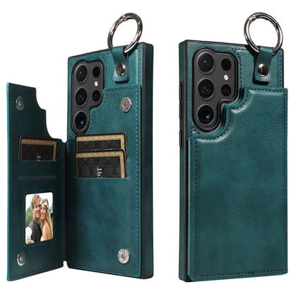 003 For Samsung Galaxy S24 Ultra Case Card Slots Leather Phone Cover Double Magnetic Clasp, Ring Buckle