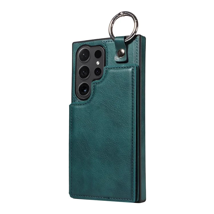 003 For Samsung Galaxy S24 Ultra Case Card Slots Leather Phone Cover Double Magnetic Clasp, Ring Buckle