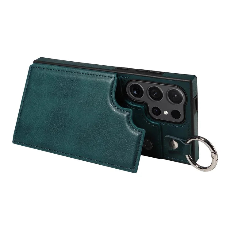 003 For Samsung Galaxy S24 Ultra Case Card Slots Leather Phone Cover Double Magnetic Clasp, Ring Buckle